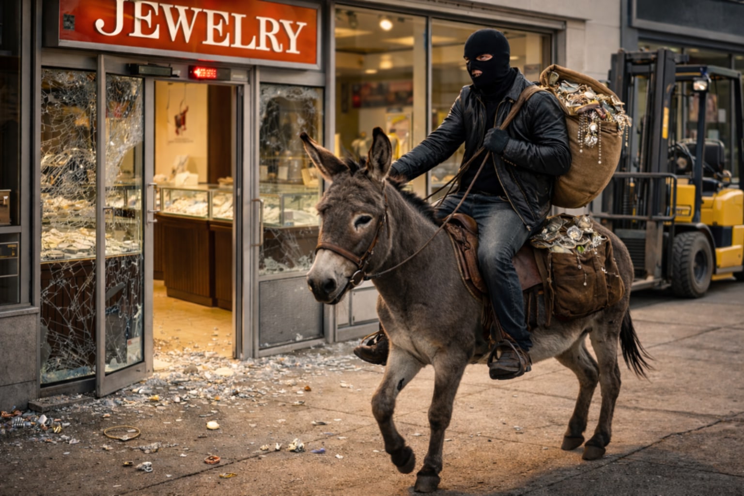 ΒΙΝΤΕΟ: Διαρρήκτης άνοιξε κοσμηματοπωλείο με φόρκλιφτ και διέφυγε με γαιδούρι