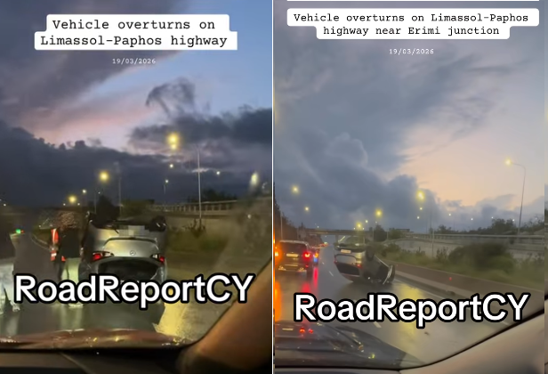 Car Accident on Limassol Motorway with Overturned Vehicle