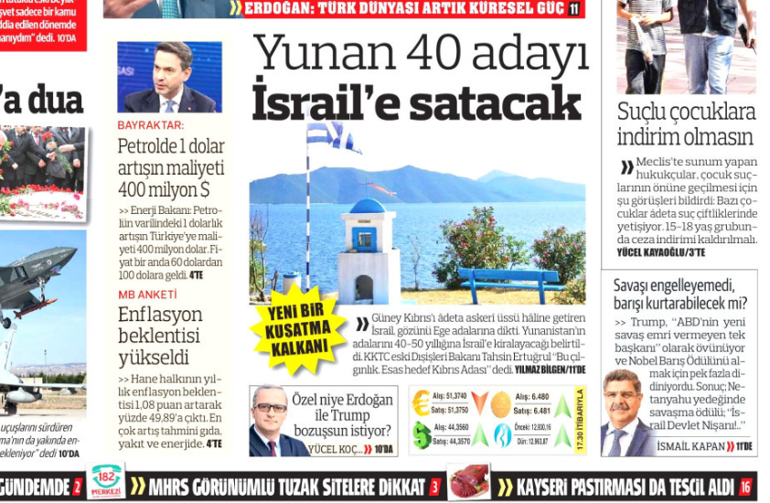 Πρωτοσέλιδο Τουρκιγέ: «Ο Έλληνας πουλά νησιά στο Ισραήλ»-Η σύνδεση με Κύπρο