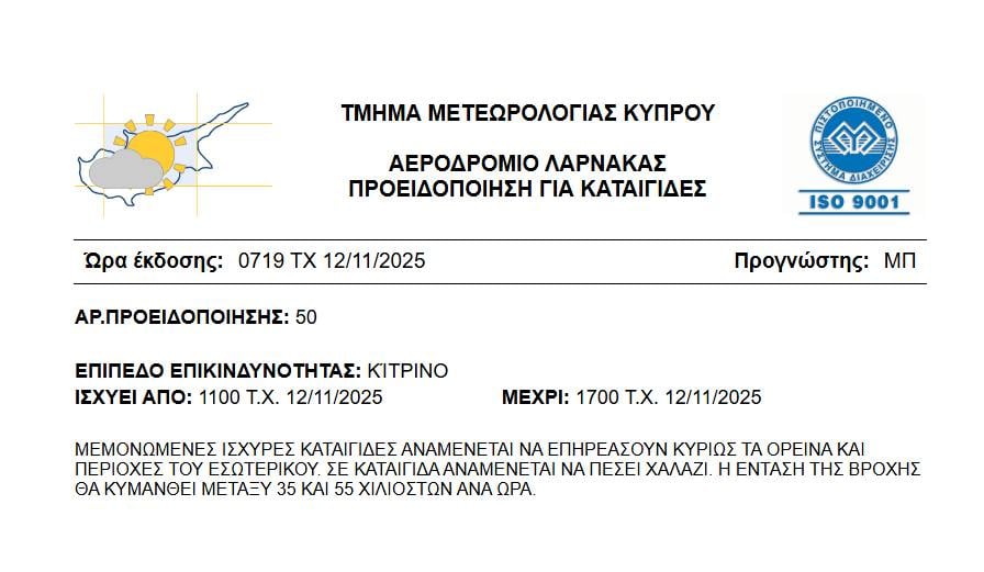 Κίτρινη προειδοποίηση για καταιγίδες και χαλάζι – Πότε τίθεται σε ισχύ