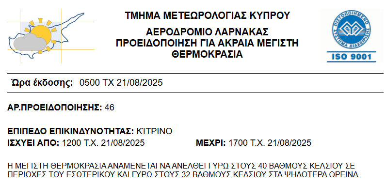 Κίτρινη προειδοποίηση για 40αρια – Πότε τίθεται σε ισχύ